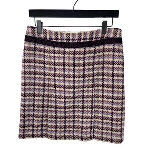 Loft Tweed Pleated Skirt Wool Blend Size 6 Purple Cream Plaid Mini